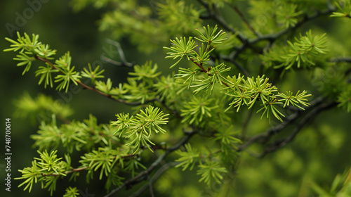 Larch branch with bright green spring needles.