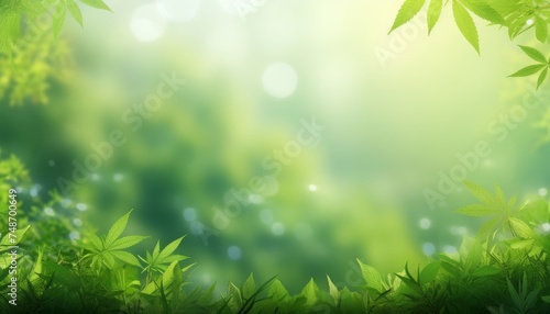 Fresh marijuana leaves background with copy space for text, blurred cannabis foliage