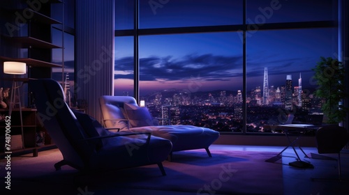 Modern interior design of living room  Taiwan  Taipei city skyline  purple and blue high contrast