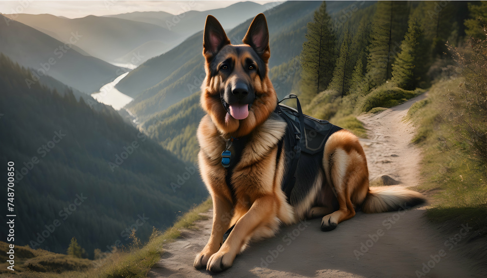 A loyal German Shepherd accompanying its owner on a hiking trail - obrazy, fototapety, plakaty 