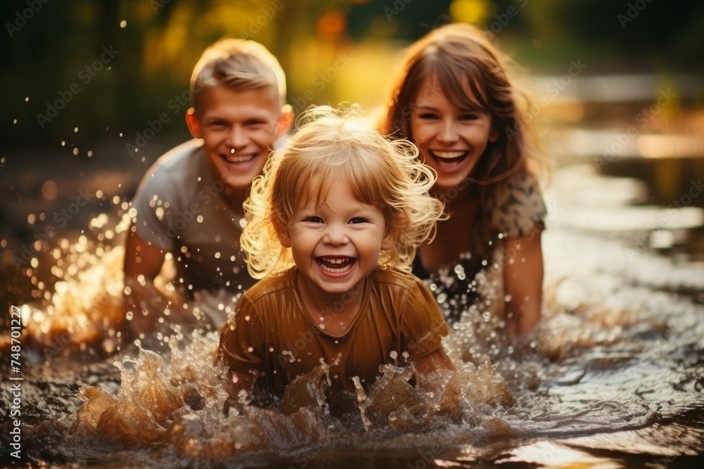 Obraz premium Playful father playing with kids in water sea in summertime. Happy emotions atmosphere. Family on vacation. Active lifestyle for adults and children