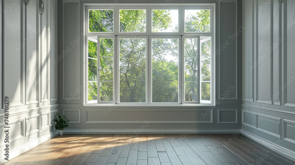 Fototapeta premium classical empty room with wooden floors and white window framing a nature view