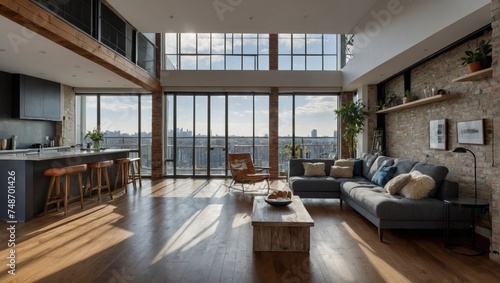 interior of a spacious living room with large windows