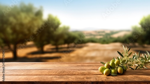 An old wooden table in the background of olive trees.