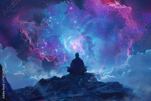 Silhouette of a Meditative Person on Mountain Peak with Cosmic Nebula Background, Concept of Spiritual Awakening