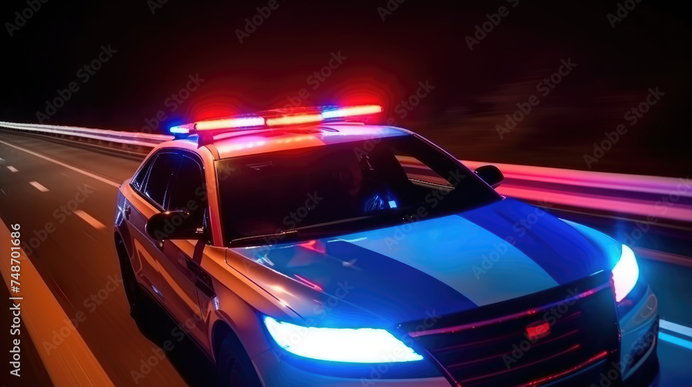 A police car, with its emergency lights on the roof, is driving along the road.