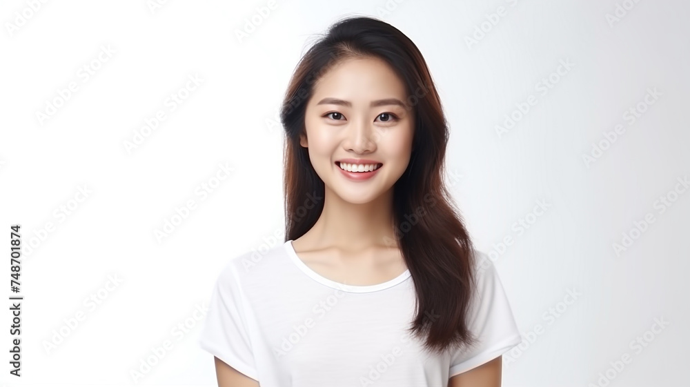 portrait of happy asian woman looks at camera on white background portrait of happy asian woman looks at camera on white background