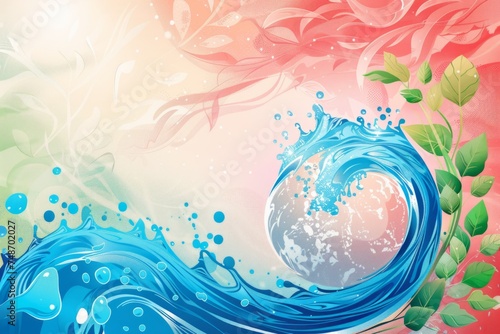 Abstract background with the world or planet earth and water on a pink and green background for world water day or earth day
