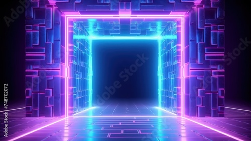 A corridor with pink and blue neon lights that glow.