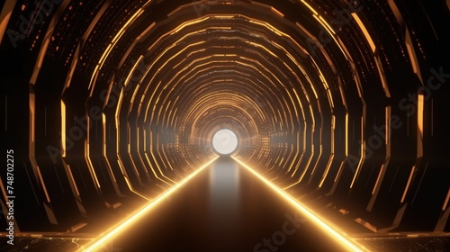 A tunnel with glowing golden lines.