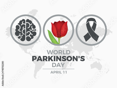 World Parkinson's Day poster with red tulip vector illustration. Red tulip, gray awareness ribbon and human brain round icon set vector. Suitable for card, background, banner. April 11 every year