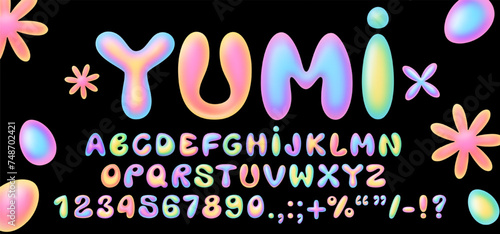 3D Y2K type font with luminous holographic gradient, perfect for spring and Easter designs. Vector isolated balloon bubble English alphabet letters