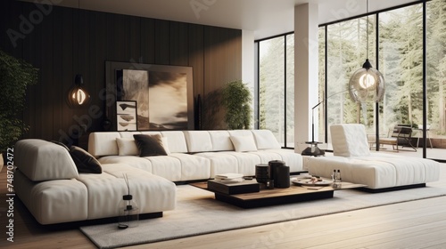 Modern living room with design furniture sofa couch light interior furniture white black relax in luxury cocooning © rimsha