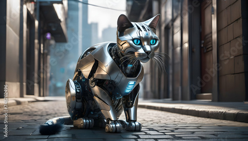 A silver robotic cat, its LED eyes flickering in a dimly lit alley