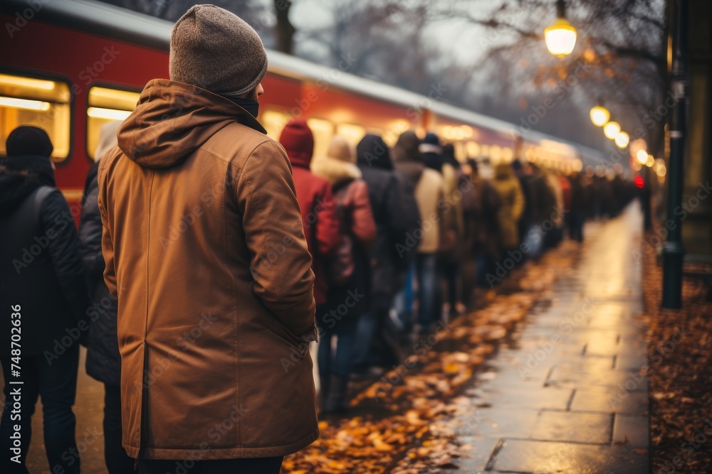 Blurred image of people waiting for subway at night
