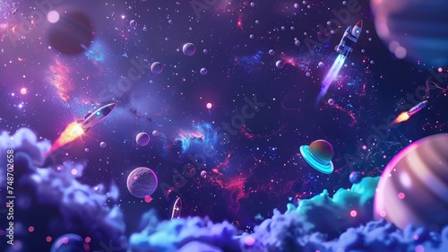 Vibrant outer space scene with rockets and planets - An enchanting digital illustration of space, featuring rockets and planets against a colorful nebula and star-filled backdrop evoking wonder and ex