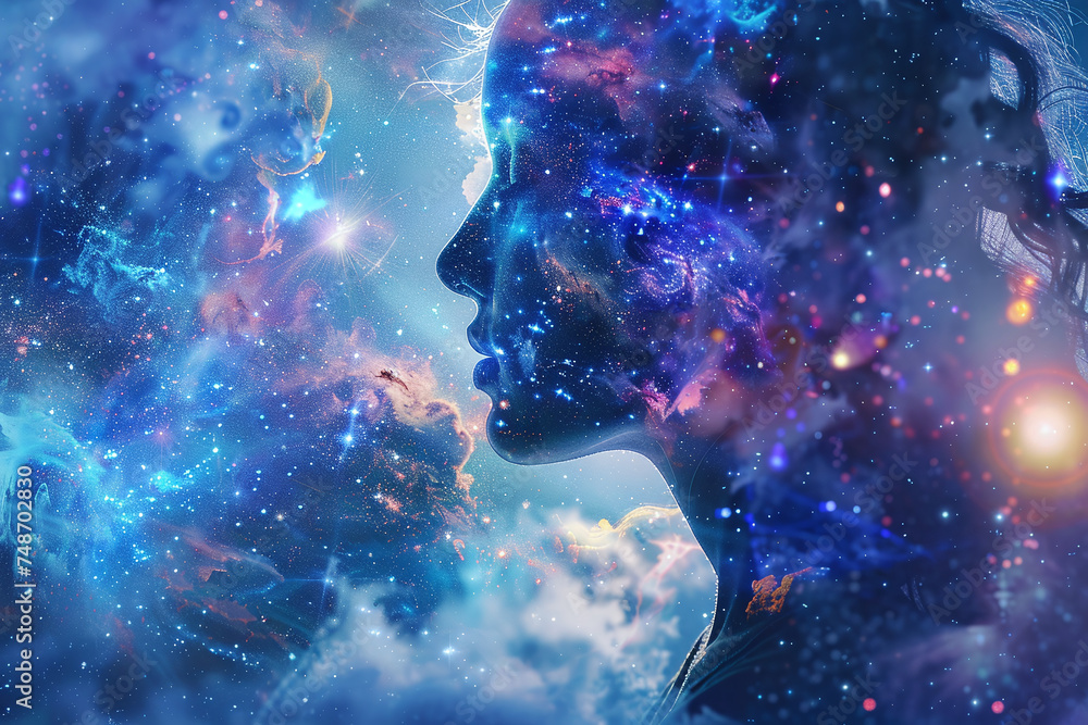 Mystical Female Silhouette Merged with Cosmic Nebulae, Conceptual Art ...
