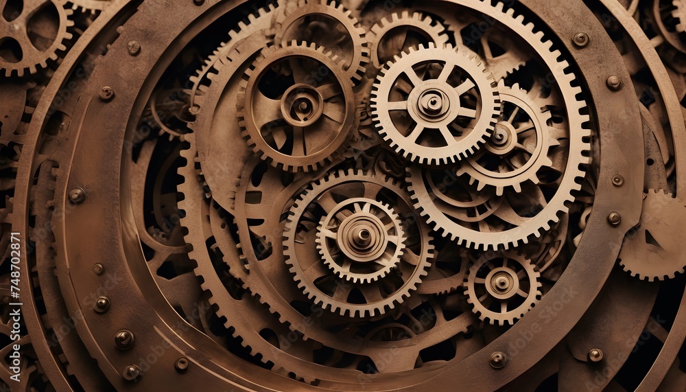 A complex array of clockwork gears illustrates the intricate beauty of mechanical design and the passage of time in an industrial age. AI generation