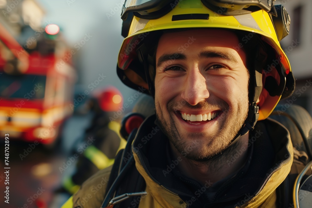 Smiling male firefighter after putting out a fire