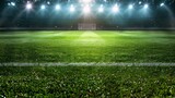 football stadium arena for match with spotlight, soccer sport background, green grass field for competition champion match