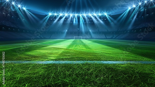 championship match in football stadium arena with spotlight, soccer sport background, green grass field for competition