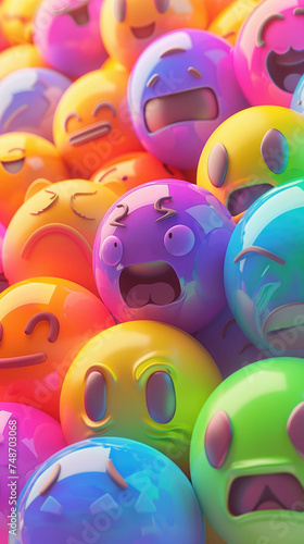 Colorful 3D emoticons with expressive faces - Vibrant cluster of 3D emojis with various expressions depicts a range of emotions and digital communication