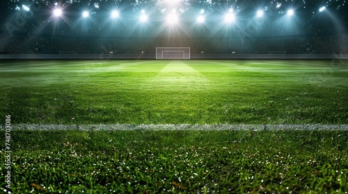 football stadium arena for match with spotlight, soccer sport background, green grass field for competition champion match photo