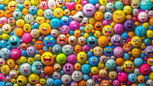 Colorful assortment of emoji balls close-up - A vibrant collection of various emoji balls depicting a range of emotions, with different facial expressions and colors photo