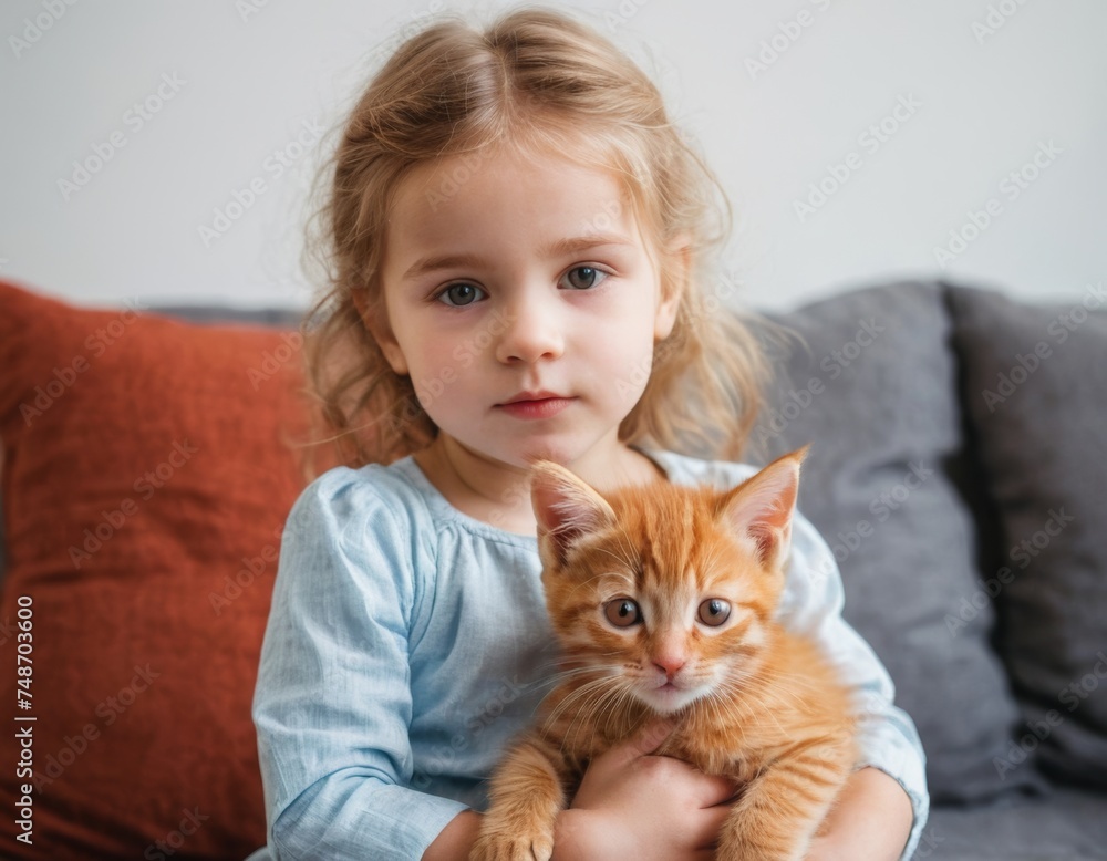 A little girl is sitting with a kitten. The scene is warm and friendly, with the girl and kitten enjoying each other's company A little girl is sitting with a kitten. The scene is warm and friendly, with the girl and kitten enjoying each other's company
