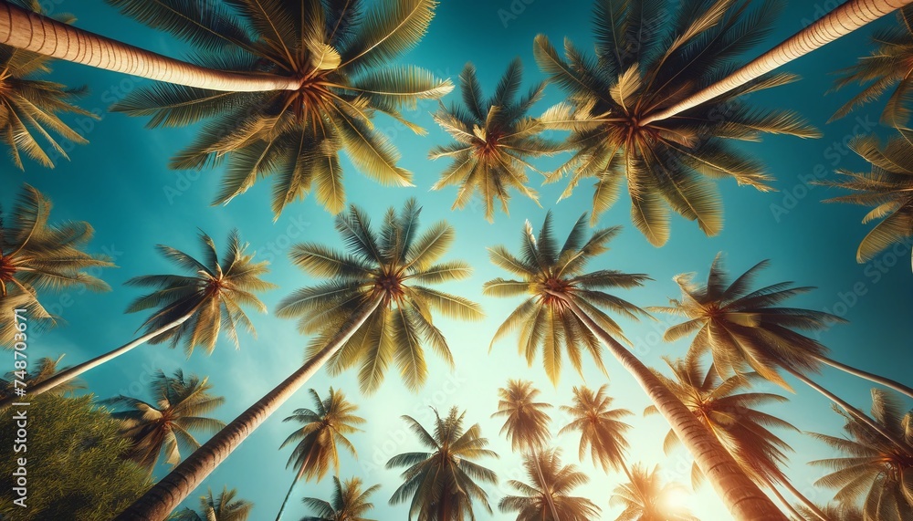  A tropical scene with tall palm trees against a clear blue sky perspective from below looking up towards canopy, jungle, object, abstract, outdoors, green, holiday, print, environment - obrazy, fototapety, plakaty 