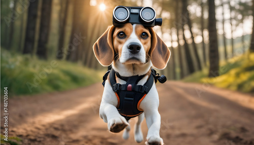 An adventurous Beagle with a miniature action camera strapped to its back © Dragon Stock