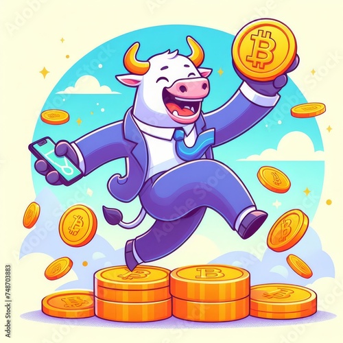 An anthropomorphic bull  clad in a suit  joyously leaps over Bitcoin coins against a stylized backdrop. The image symbolizes financial optimism in cryptocurrency.
