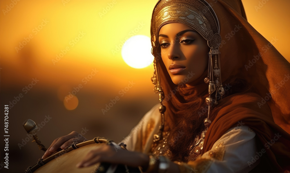 Beautiful arabic woman with ancient music instruments, amazing sunset background - obrazy, fototapety, plakaty 