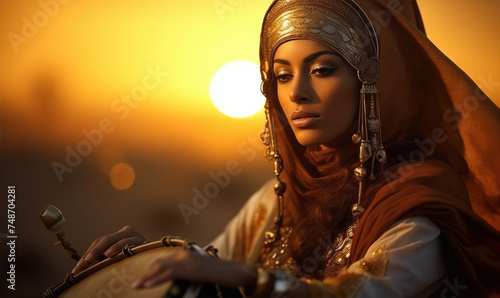 Beautiful arabic woman with ancient music instruments, amazing sunset background