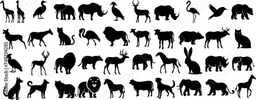 Faune silhouette collection d’animaux, parfaite pour logos, icônes, design graphique. Comprend éléphant, cerf, lion, chat, chien, oiseau, cheval, ours, girafe, chameau, cygne, kangourou, rhinocéros, photo