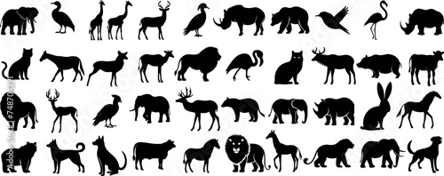 Wildlife silhouette, animal collection, Includes elephant, deer, lion, cat, dog, bird, horse, bear, giraffe, camel, swan, rhino