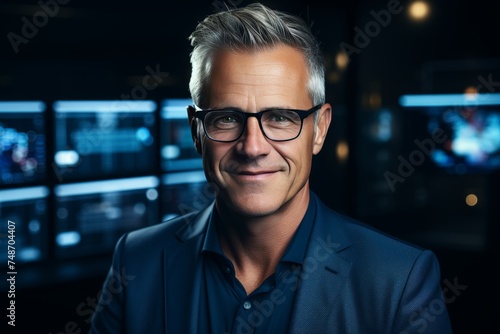 Portrait of a Stylish Man Working in an International Stock Exchange Company: Specialist Monitoring Equity and Share Markets, Communicating with Clients