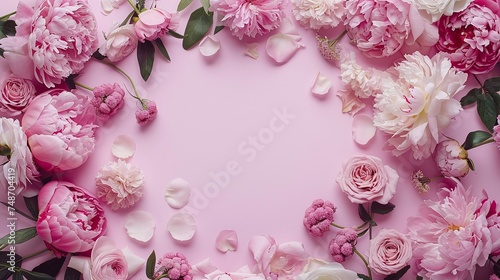 Fototapeta Naklejka Na Ścianę i Meble -  romantic feminine composition with peonies, roses on pink background, wedding invitation with text space for celebration concept