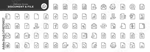 Set of line icons in linear style. Set - Document and file. Blank form, paper sheet, agreement, contract and letter. Outline icon collection. Pictogram and infographic. Editable stroke.	