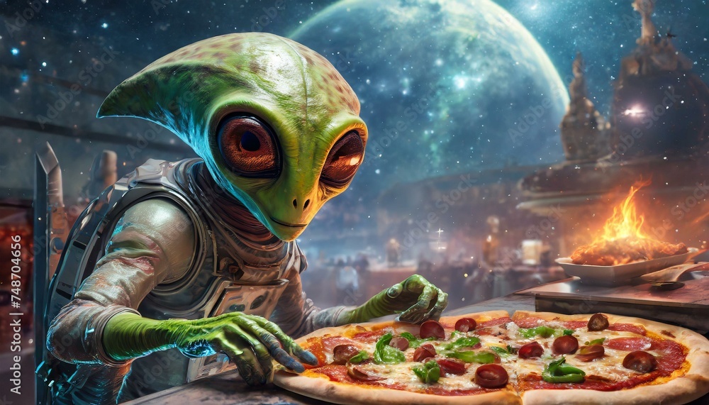 An alien bakes a pizza on the moon
