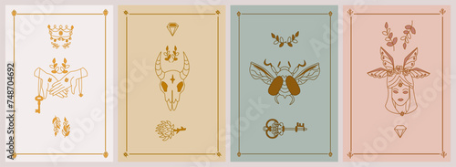 Set of esoteric posters Two hands hold key, crown, skull with horns, branches, prickly flower, diamond, flying golden scarab, Girl with flowers and wings Boho style vector outline illustration.