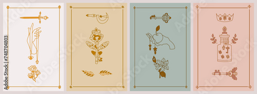 Set of esoteric posters. Hand with amulet, golden sword, mystic flower, branches, key with wings, druid sickle, Hand holding an apple, poison with stars Boho style vector outline illustration.