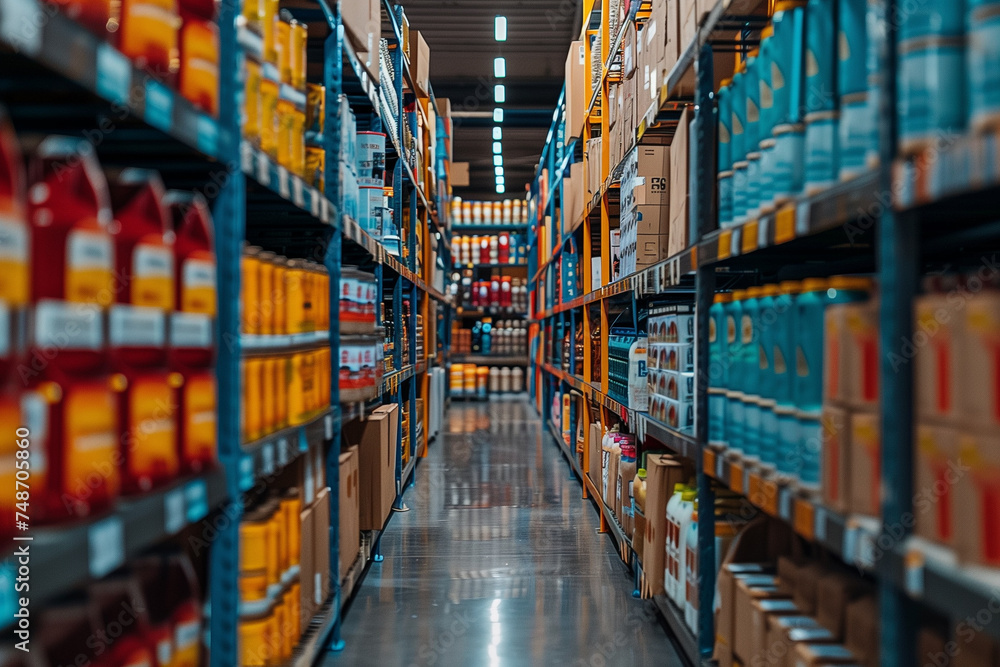 Rows of shelves with various products, selective focus