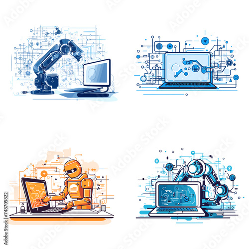 Robotics Programming (Code on a Computer Screen). simple minimalist isolated in white background vector illustration