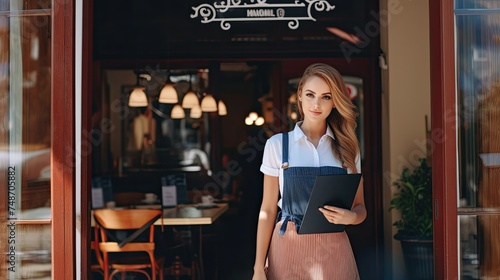 Nice hostess girl standing near entrance to small European style cafe. Reception of guests in restaurant. Pretty Young female waiter. AI Generated photo