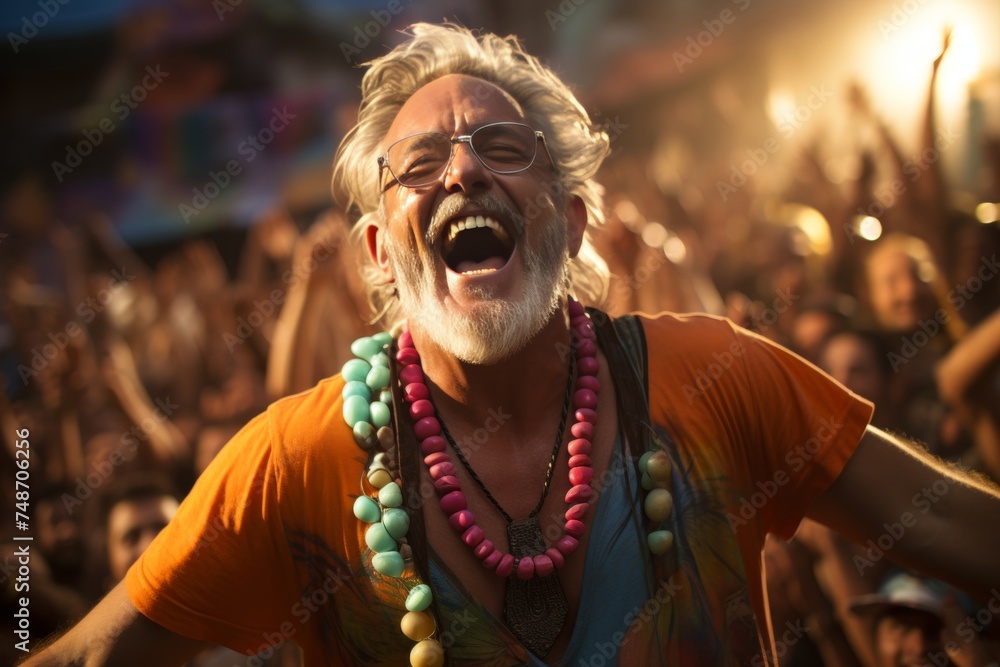 Obraz premium Joyful elderly group dancing energetically at a beach party during their summer vacation.