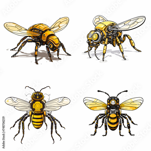 Robotic Bee (Mechanical Bee Illustration). simple minimalist isolated in white background vector illustration