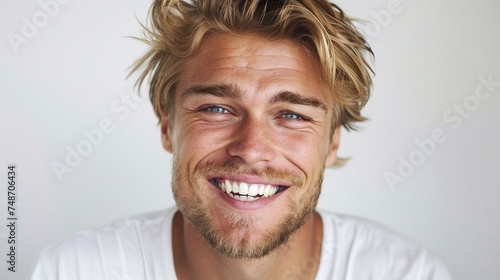 handsome scandinavian man with clean teeth smiling in closeup photo portrait, ideal for dental advertisement, showcasing fresh stylish hair and strong jawline on white background © CinimaticWorks