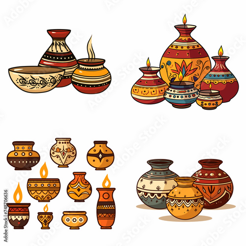 Traditional Diwali Pottery (Hand-Painted Pottery Items). simple minimalist isolated in white background vector illustration