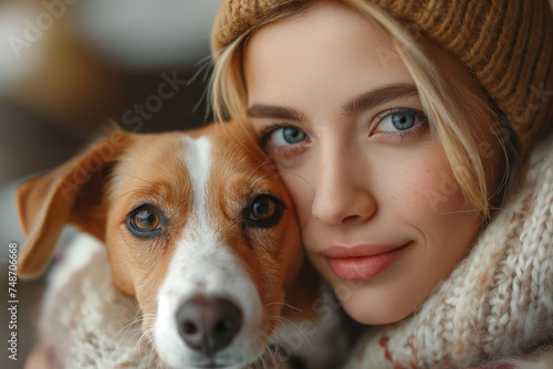 Portrait of beautiful young woman with dog in warm clothes © kazakova0684